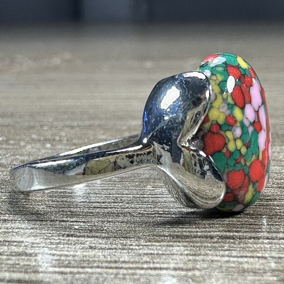 925 Sterling Silver Green Pink Red Mixed Stone Ring Smooth Oval Artistic Sz 8 - Picture 7 of 9